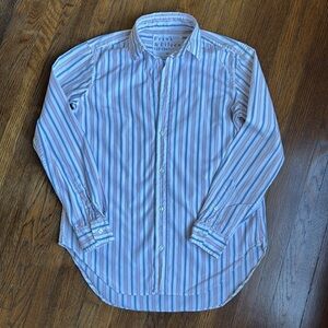 Frand and Eileen Frank shirt, navy and red thin stripe, XS